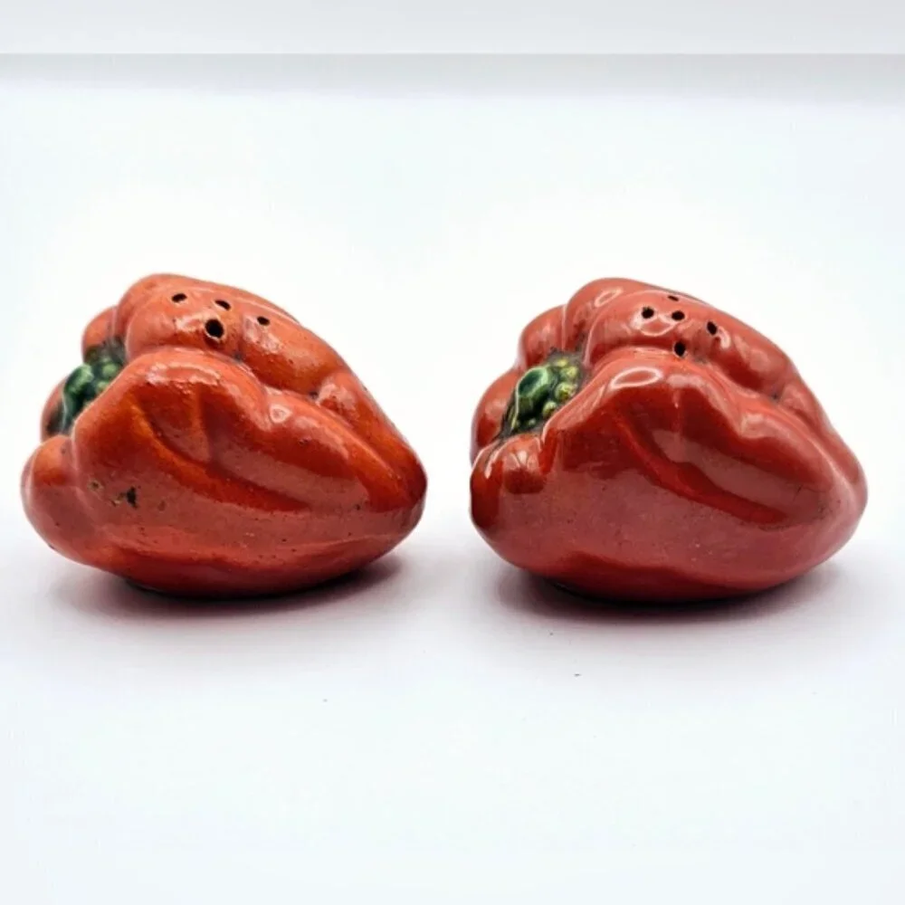Vintage Red Bell Pepper Salt and Pepper Shakers Ceramic Farmhouse Set